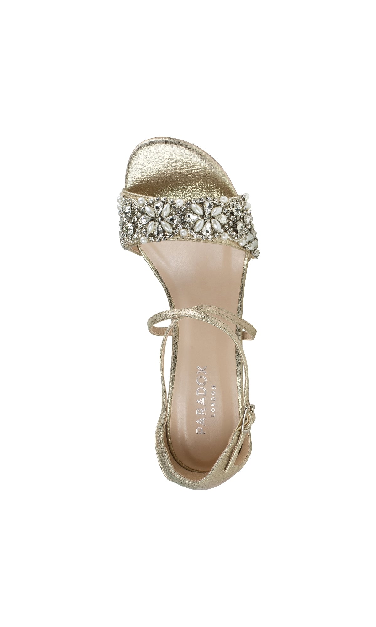 The Evangeline Champagne Prom Shoes by Paradox London (P2202) are gold open-toe sandals with an ankle strap and embellished floral jeweled front band—perfect low-heel formal shoes for special occasions.